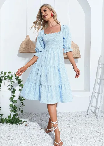 Vista 5 de EXLURA Vestido midi escalonado a cuadros con nudo en la espalda para mujer con cuello cuadrado busto fruncido manga abombada con volantes