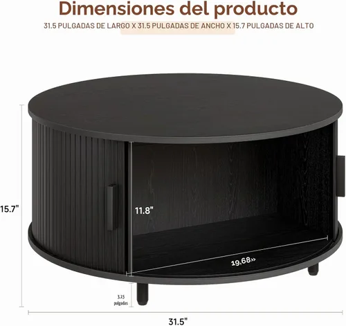 Vista 2 de ONBRILL Mesa Redonda de Café con Almacenamiento, Mesa Moderna de Café de 31.5" con Puerta Deslizante Curvada de 360°, Mesa Redonda de Centro