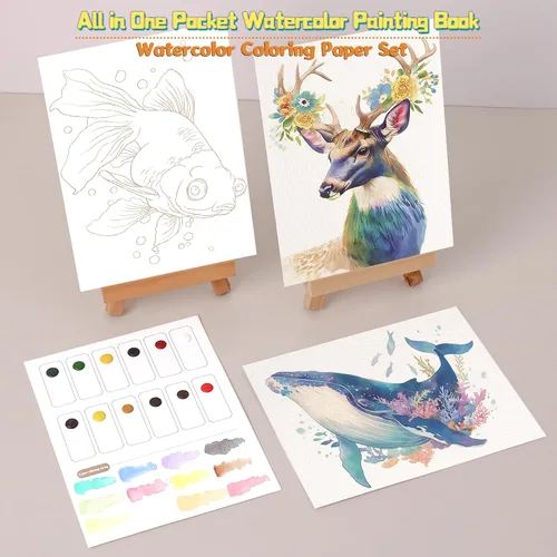 Vista 4 de Juego de papel para colorear de acuarela, todo en un bolsillo, libro de pintura de acuarela, artes y manualidades creativas para adultos Serie Animal