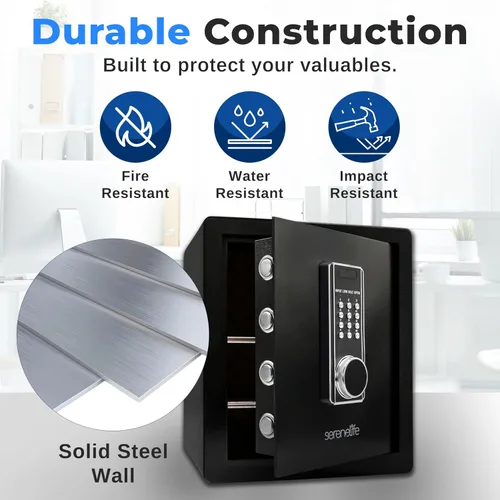 Vista 4 de SereneLife Caja fuerte digital electrónica grande Diseño duradero de 1.38 pies cúbicos, teclado fácil de usar, sistema de alarma, ojo de cerradura