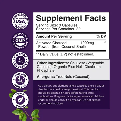 Vista 3 de Natures Craft Píldoras de carbón activado, desintoxicación y limpieza, cápsulas purificadoras de coco con 1200 mg por porción para aliviar