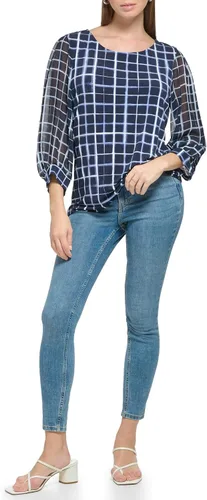 Vista 4 de Calvin Klein Blusa de gasa con cuello redondo y manga estampada para mujer