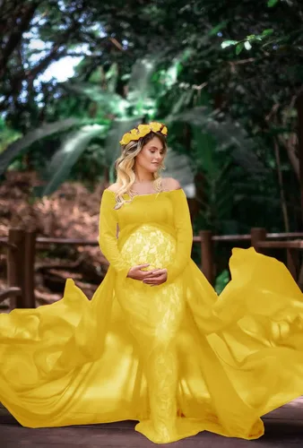 Vista 6 de ZIUMUDY Vestido de sesión de fotos de maternidad de manga larga con hombros descubiertos, vestido de encaje ajustado con capa larga de gasa trian
