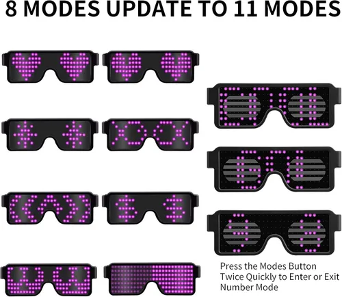 Vista 18 de Gafas LED dinámicas que brillan con luz LED recargable por USB, con luz intermitente de neón, 11 patrones, gafas luminosas