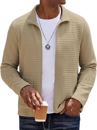 Vista 15 de COOFANDY Chaqueta Varsity Ligera para Hombre Chaquetas Bomber Casuales Sudaderas Waffle con Cremallera y Bolsillo