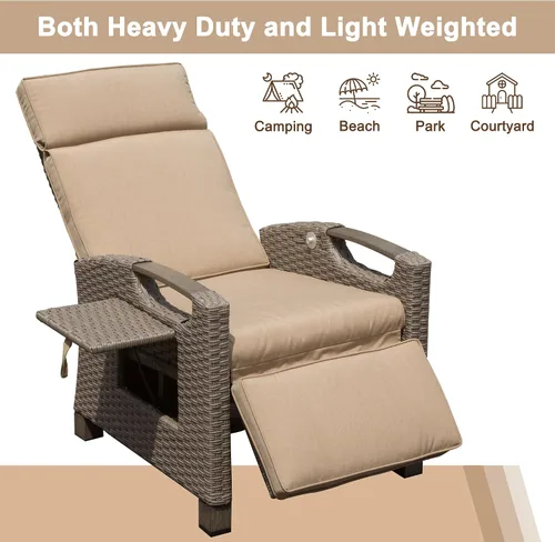 Vista 6 de Domi - Silla reclinable para exteriores, sillón reclinable de patio con mimbre tejido a mano, mesa abatible con respaldo de empuje, ángulo