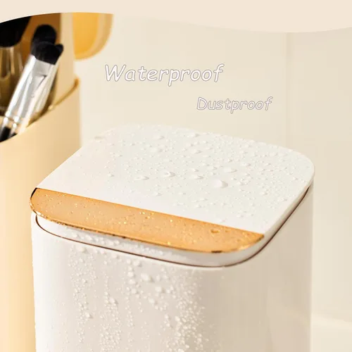 Vista 5 de Soporte para brochas de maquillaje con tapa, elevación automática, impermeable, a prueba de polvo, organizador de brochas de maquillaje