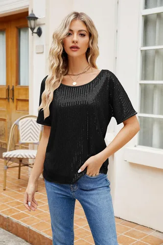 Vista 3 de JASAMBAC Blusas de lentejuelas para mujer, manga corta, un hombro, sueltas, sexy, brillantes, para fiesta, vacaciones, club, noche, blusas