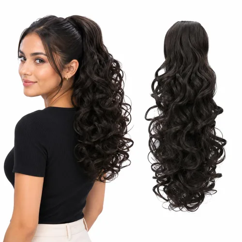 Vista 17 de CAISHA Extensiones de cola de caballo de 18 pulgadas, voluminosas, onduladas, marrón ceniza, mezcla de rubio claro PH35