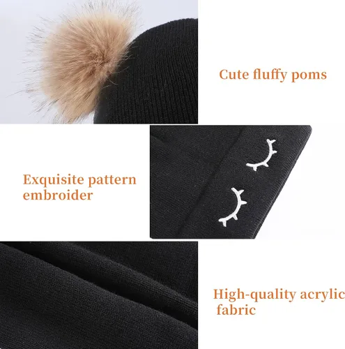 Vista 4 de Muryobao Gorro de invierno para mujer, suave y cálido, con cierre de calavera, con doble pompón, orejas