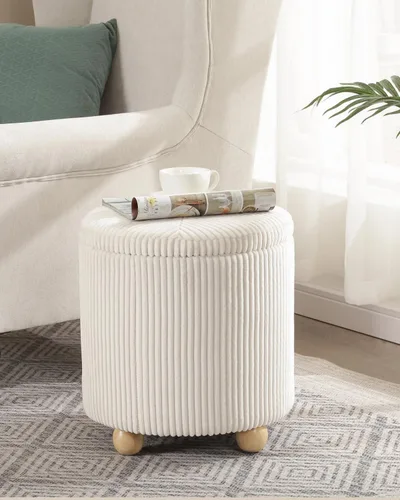 Vista 6 de Adeco Otomana redonda de almacenamiento, taburete tapizado para maquillaje, taburete de terciopelo para dormitorio, dormitorio beige
