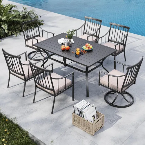 Vista 21 de MFSTUDIO Juego de comedor de 5 piezas de metal para patio, juego de muebles para exteriores con 1 mesa cuadrada de madera y 6 sillas de respaldo