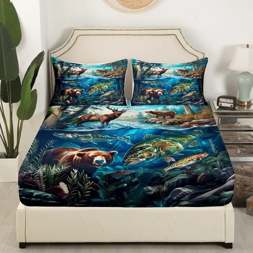 Vista 9 de Juego de sábanas bajeras de alce salvaje, tamaño individual, juego de ropa de cama rústica de pino de pesca con peces de Basa, decoración