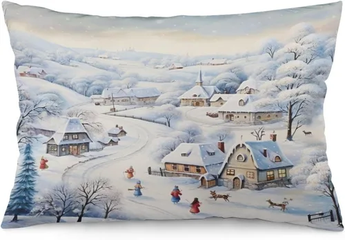 Vista 22 de Funda de almohada con escena de pueblo navideño con niños, fundas de almohada de 12 x 20 pulgadas, almohadas decorativas de Navidad para sofá, funda