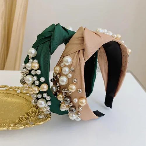 Vista 5 de Wiwpar Diademas anudadas de perlas para mujer, diadema ancha de perlas anchas para la cabeza, accesorios para el cabello bohemios (azul)