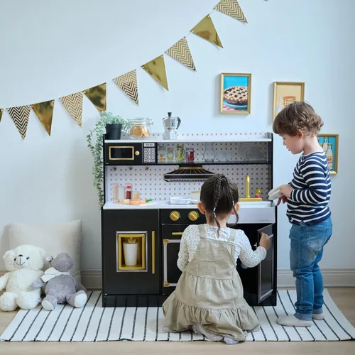 Vista 9 de Teamson Kids Juego de cocina de madera para niños pequeños con accesorios, juego de cocina simulada para niños de 3 años en adelante, juego de Negro