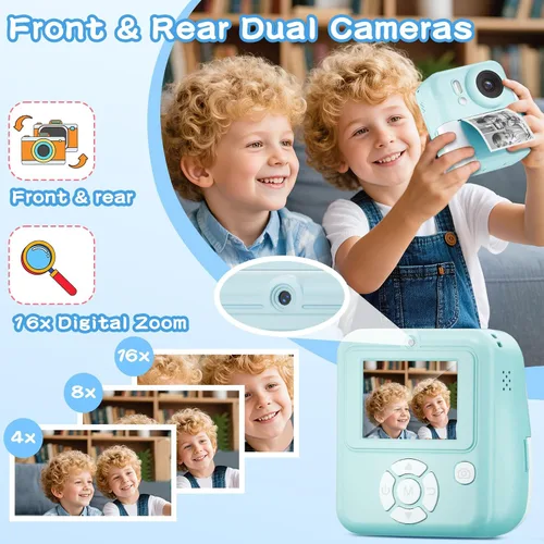Vista 3 de Cámara para Niños con Impresión Instantánea de Fotos a Color, Cámara de Impresión Instantánea de Doble Lente para Niños, Juguete de Cámara Digital