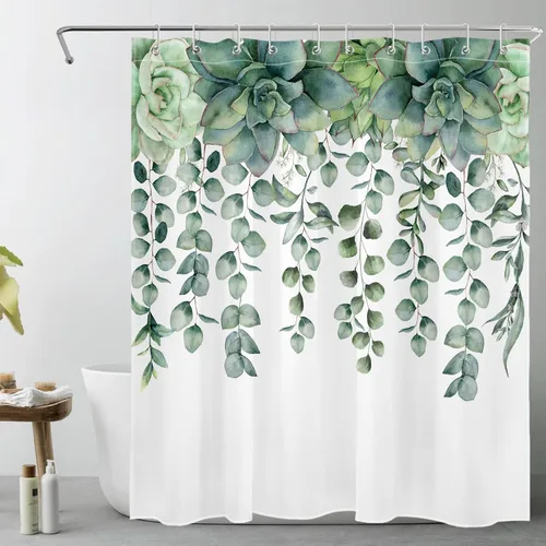 Vista 15 de Cortina de ducha con diseño bohemio de plantas y flores de acuarela sobre fondo beige, cortina de ducha de baño con hojas naturales, cortina