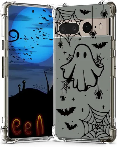 Vista 38 de Funda de Halloween para Google Pixel 6A transparente con diseños de murciélagos fantasmas, funda para teléfono para niñas, elegante, delgada, a