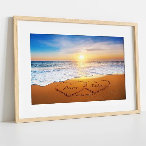 Vista 4 de Corazón y corazón en hermoso amanecer fotos personalizadas únicas o impresiones en lienzo con nombres de pareja y fecha especial en la playa, regalo