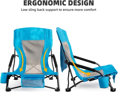 Vista 4 de Silla de playa plegable portátil para adultos, juego de 2, silla ligera con respaldo bajo con soporte para tazas y bolsillo de almacenamiento, silla