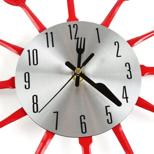 Vista 4 de Herich - Reloj de pared de cocina de 16 pulgadas con cucharas y tenedores, reloj de pared 3D para decoración del hogar (rojo)