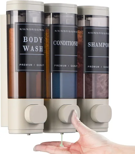 Vista 10 de Dispensador de champú y acondicionador, dispensador de jabón de ducha, 3 cámaras, sin taladro, dispensador de champú montado en la pared para ducha