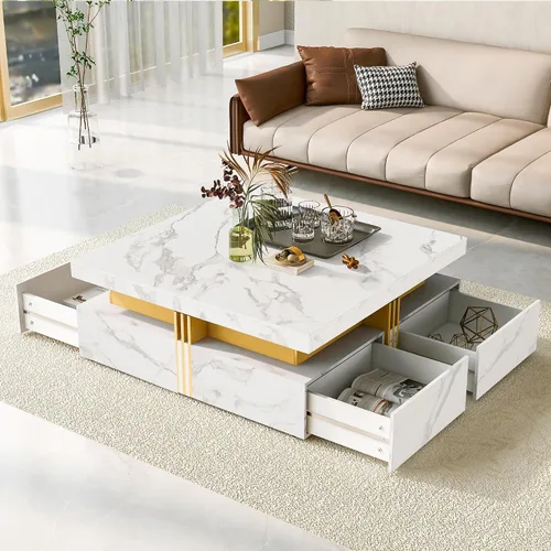 Vista 10 de Mesa de centro cuadrada grande moderna con 4 cajones, mesa de centro de mármol negro para sala de estar, mesa central cuadrada contemporánea