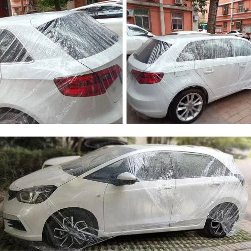Vista 6 de LuliKa Paquete de 3 fundas desechables de plástico transparente para automóvil, cubierta universal de lluvia y polvo para garaje con banda elástica