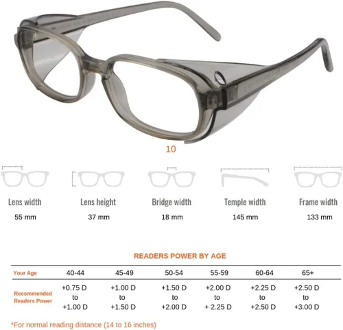 Vista 5 de ProEyes 10, anteojos de lectura progresivos de seguridad con escudo lateral protector, lente superior con potencia 0 (gris, 100 x)