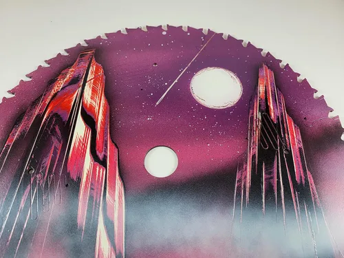 Vista 3 de Double Sided Saw blade Painting in Purple Colors of Fantasy Landscape scenes Flip Sides by artist Jason Girard