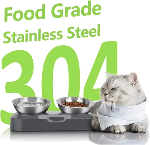 Vista 5 de Tazón de comida para gatos de acero inoxidable AYADA, diseño ergonómico de 15 ángulos, reduce el vómito