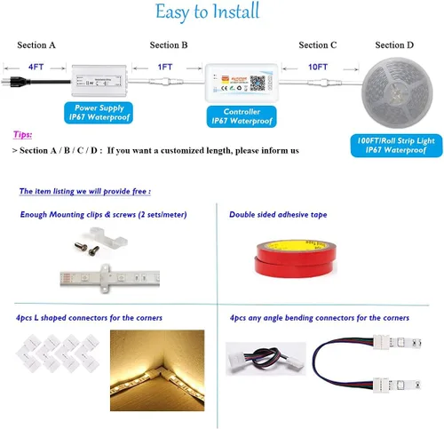 Vista 2 de Tira de luz LED RGB impermeable de 100 pies, 120 pies, 150 pies, 180 pies, 200 pies, 250 pies, 300 pies, 60 LEDs/M 24 voltios, control remoto RF