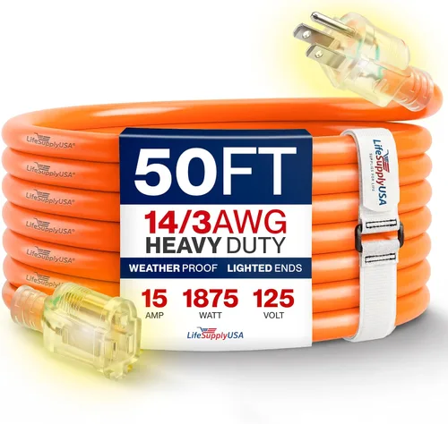 Vista 70 de Cable de extensión SJT de 12/3 300 V con luz LED para uso en interiores y exteriores con enchufe con iluminación LED Amarillo