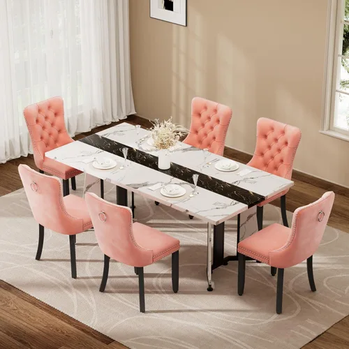 Vista 30 de Juego de mesa de comedor de 5 piezas con 4 sillas, mesa de comedor rectangular de madera de 71 pulgadas con sillas de comedor de terciopelo, tablero