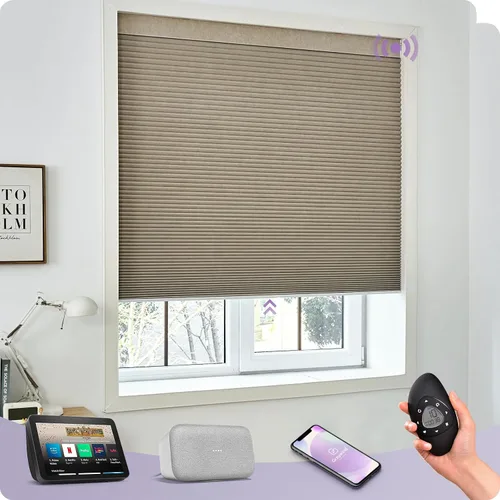 Vista 11 de Graywind Persianas celulares inteligentes personalizadas compatibles con Alexa Google, opacas, recargables, motorizadas, de 5/8 pulgadas, diseño