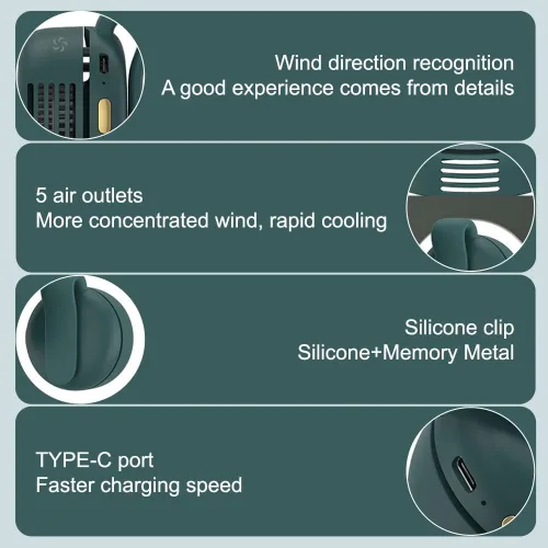 Vista 6 de Drkicsy 3 ventiladores pequeños de cuello con clip de torbellino, ventilador de enfriamiento portátil de 3 velocidades recargables, ventiladores