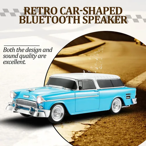 Vista 4 de WSTER Altavoz Bluetooth retro en forma de automóvil, calidad de sonido de alta definición, emparejamiento TWS, múltiples salidas de interfaz, Azul