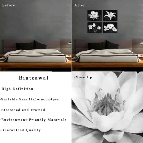 Vista 6 de Biuteawal - Impresiones en lienzo de flores, arte de magnolia lirio, pintura floral en blanco y negro, impresiones en lienzo para decoración