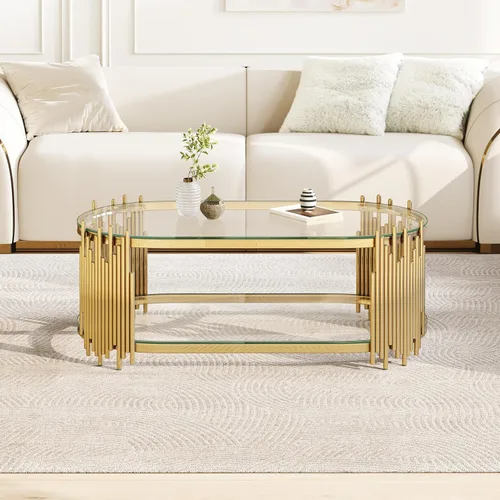 Vista 12 de Mesa de centro de cristal dorado de 2 niveles, moderna mesa de centro ovalada con estantes negros templados transparentes y marco de acero