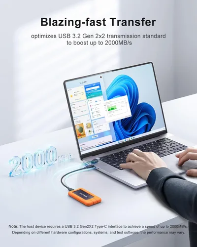 Vista 6 de KOOTION SSD portátil de 1 TB USB-C hasta 2000 MB/s USB 3.2 SSD externo USB 3.2 Gen 2x2 Unidad de estado sólido portátil con funda protectora a