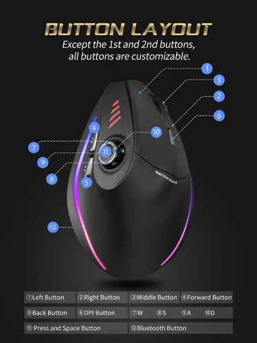 Vista 8 de TKMARS Ratón vertical ergonómico inalámbrico para juegos con joystick, Bluetooth y 2.4G, 12 botones programables, 24000 DPI ajustable, mouse RGB