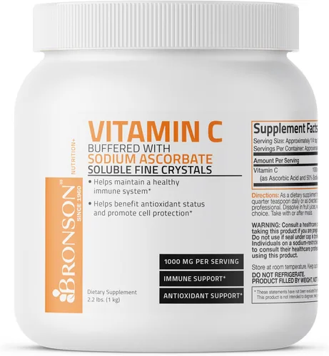 Vista 3 de Bronson Polvo de vitamina C tamponada con ácido ascórbico tamponado con cristales finos solubles en ascorbato de sodio - Promueve el sistema