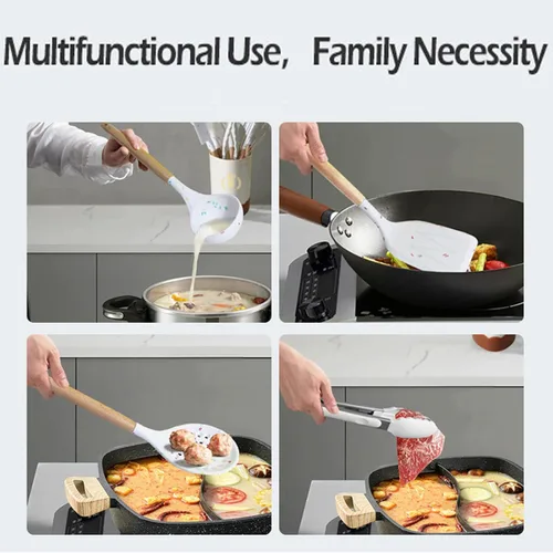 Vista 5 de Juego de utensilios de cocina de silicona negra, juego de utensilios de cocina de silicona resistente al calor con mango de madera, cucharas