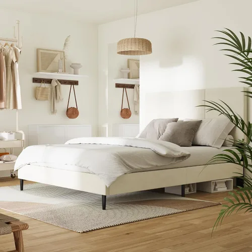 Vista 7 de IOILORI Base de cama tamaño Queen con cabecera tapizada, listones de madera resistentes, no requiere somier, silencioso, fácil montaje, beige