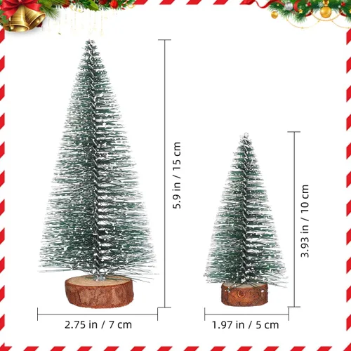 Vista 2 de NUOLUX 6 mini decoraciones de árboles de Navidad, árboles de cepillo para botellas con base de madera, decoración de pueblo de Navidad