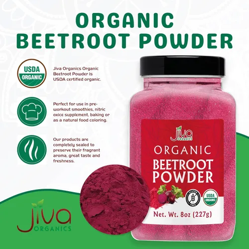 Vista 3 de Tarro de polvo de remolacha orgánica de 8 onzas, puro y natural, sin OMG, vegano, para la salud, hornear e incluso en batidos por Jiva Organics