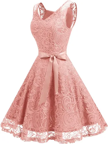 Vista 2 de Dressystar - Vestido con encaje floral y cuello en V para mujer ideal para dama de honor fiesta y baile de graduación