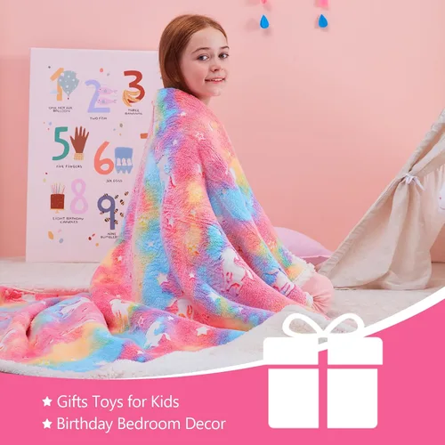 Vista 4 de QSTEHEML Manta de unicornio que brilla en la oscuridad, regalo de cumpleaños para niñas de 3 a 12 años, regalos de juguetes de unicornio, manta