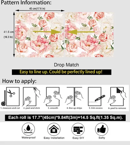 Vista 5 de Blooming Wall PS040 - Papel pintado autoadhesivo autoadhesivo de peonía fresca y rosa extraíble para despegar y pegar